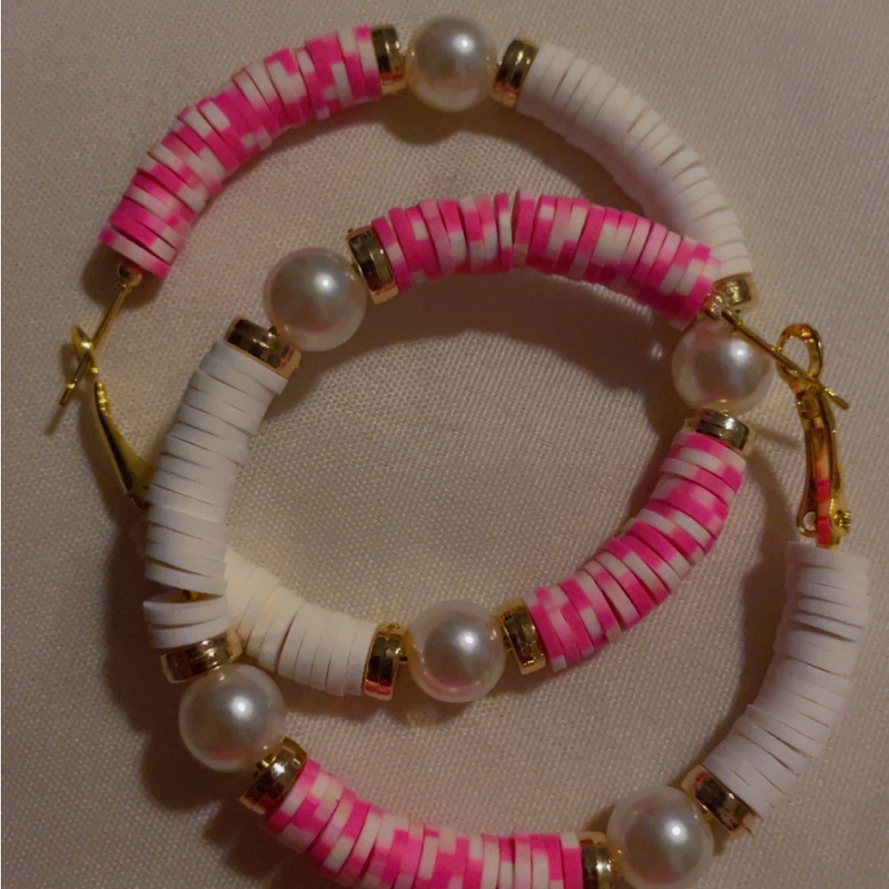 Pink and White Beaded Hoop Earrings handmade stainless steel